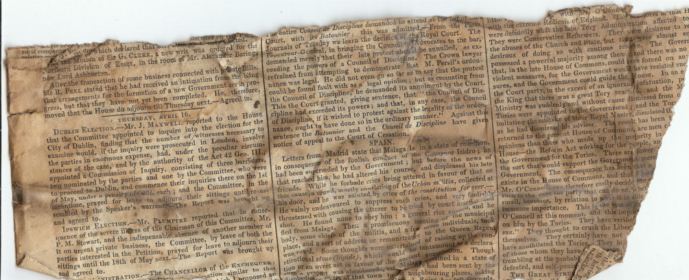 1835 newspaper found at Cathedral View guest house Lincoln
